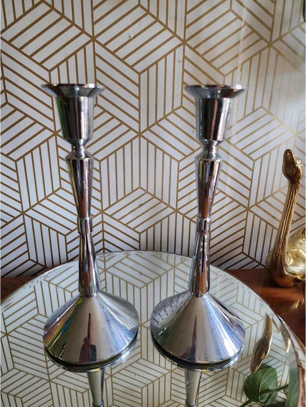 Vintage Pair of Hallmark 9.5" Chrome Plated Candlestick Holders